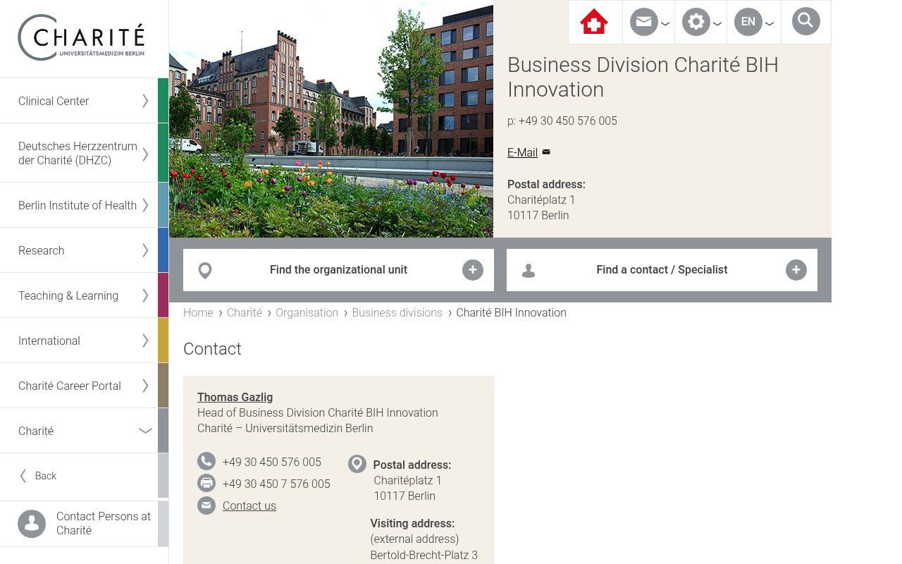 Charité BIH Innovation website preview